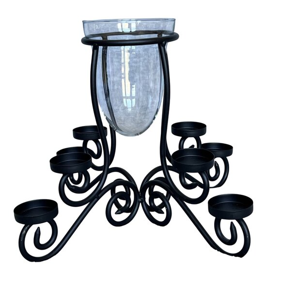 Wrought lron Holiday Centerpiece Fireplace Stand 1 Center Glass 8 Candle Slots - Picture 1 of 10